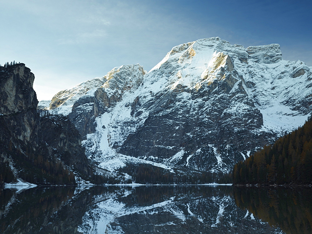 Lago di Braies or Pragser Wildsee lake at sunrise, Puster Valley, Alto Adige, Italy, Europe