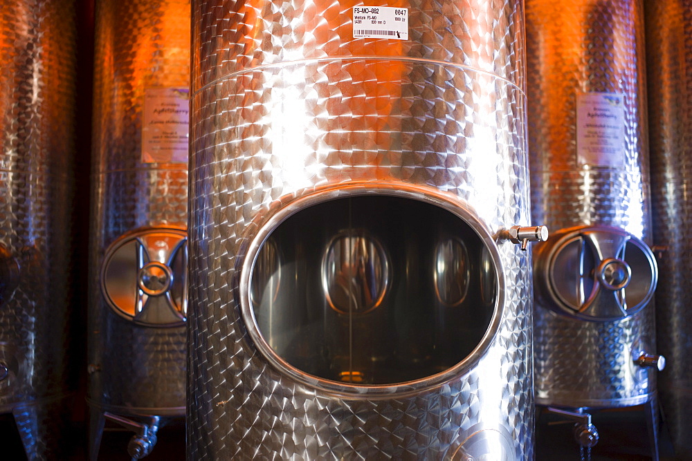 Empty and filled steel barrels for fermenting alcoholic beverages, Germany, Europe