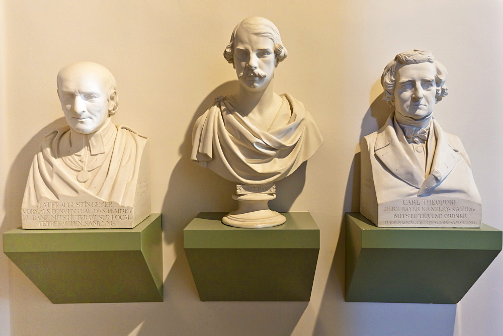 Busts of Father Augustin Geyer und Carl Theodori in Banz Abbey, a former Benedictine monastery, near Bad Staffelstein, Lichtenfels, Upper Franconia, Bavaria, Germany, Europe