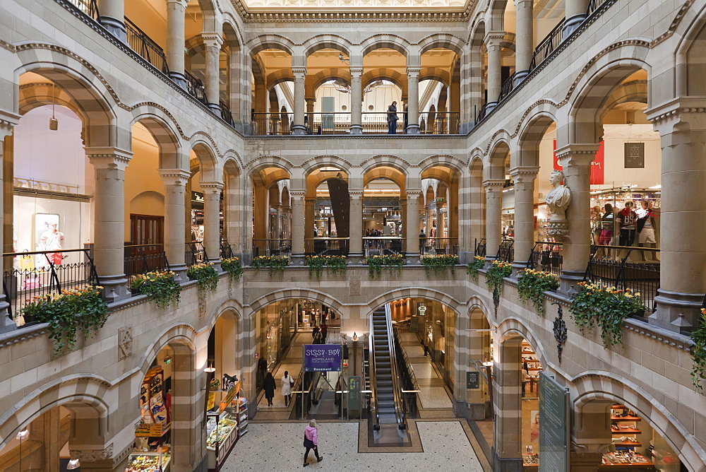 Arcades in the inner courtyard of Magna Plaza shopping centre in the former building of the Main Post Office, Nieuwezijds Voorburgwal, Amsterdam, Holland, Netherlands, Europe