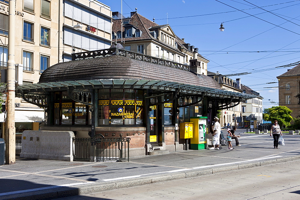 Historic bus stop, historic town centre of Neuchatel, Lake Neuchatel, Switzerland, Europe