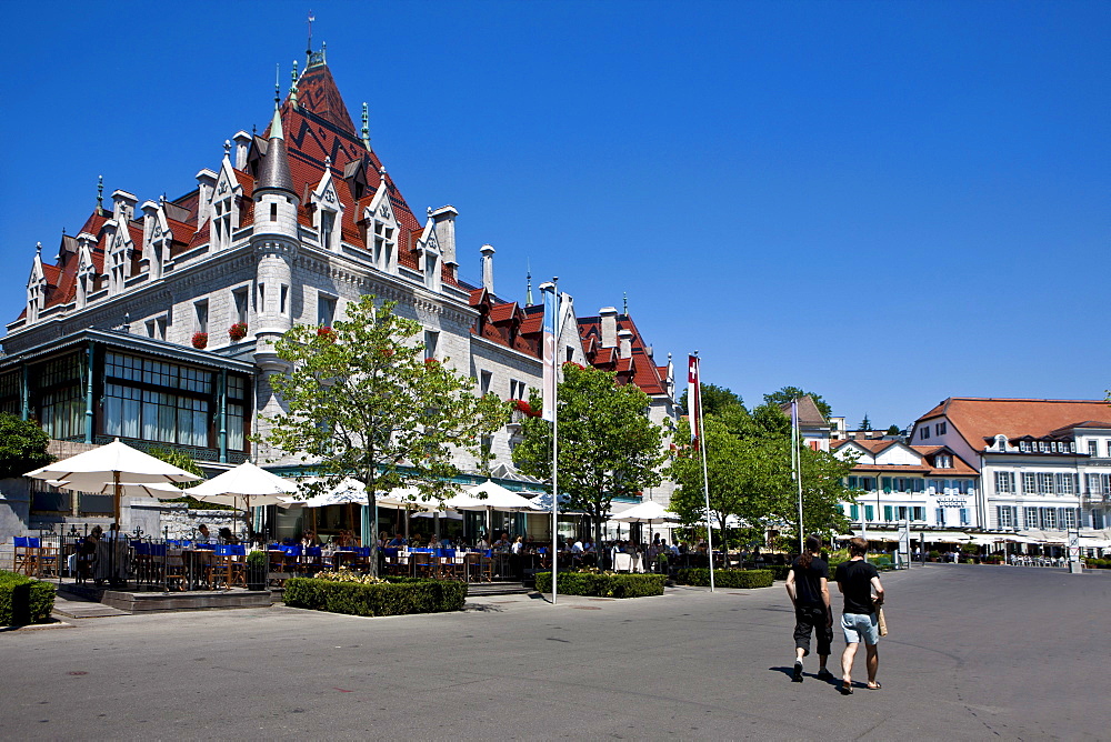 The castle of Ouchy, Angleterre and Residence Hotel at the back, Lausanne, canton of Vaud, Lake Geneva, Switzerland, Europe