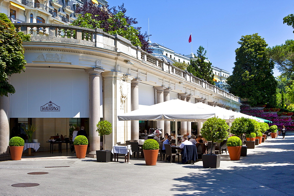 Terrace of the Cafe at the Beau-Rivage Palace, a first class hotel, Lausanne, canton of Vaud, Lake Geneva, Switzerland, Europe