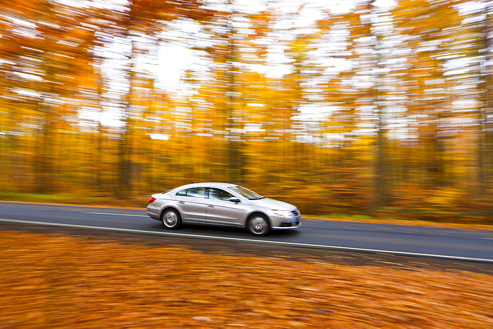 Car driving on a country road in autumn, Hesse, Germany, Europe