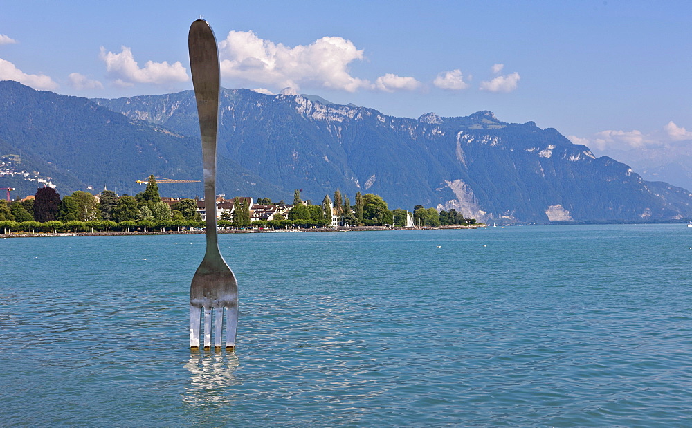 La Fourchette, the fork, sculpture created by Jean-Pierre Zaugg, located in front of the Alimentarium Museum, Vevey, Lake Geneva, canton of Vaud, Switzerland, Europe