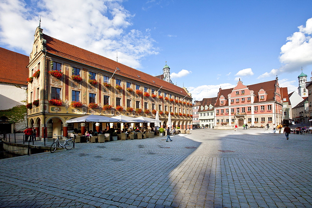 Steuerhaus building with Cafe Hampton on the marketplace, in the back the Grosszunft building, Memmingen, Lower Allgaeu, Allgaeu, Swabia, Bavaria, Germany, Europe