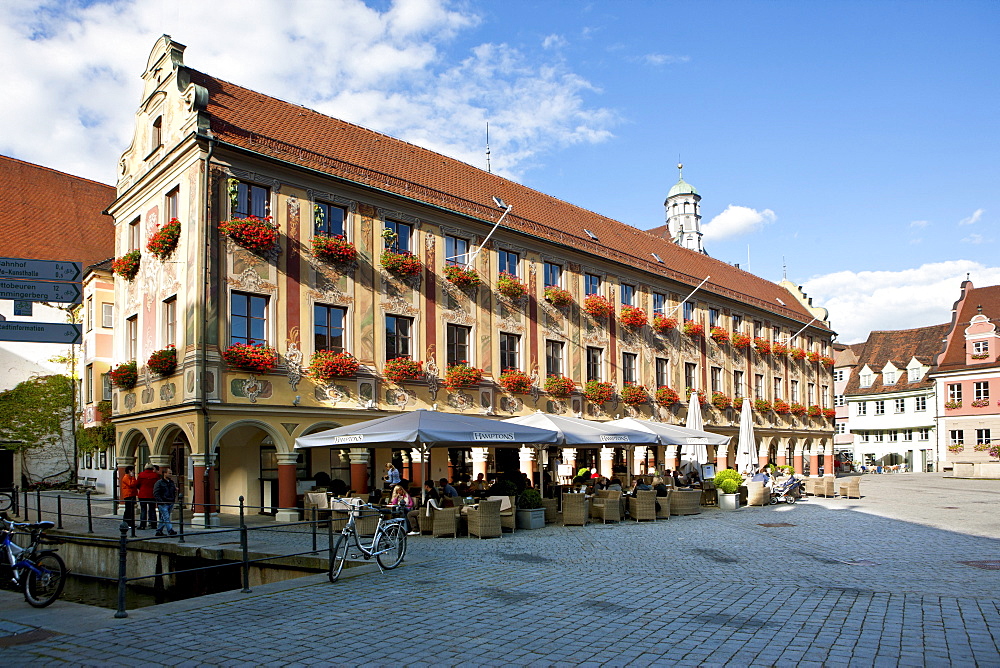 Steuerhaus building with Cafe Hampton on the marketplace, Memmingen, Lower Allgaeu, Allgaeu, Swabia, Bavaria, Germany, Europe