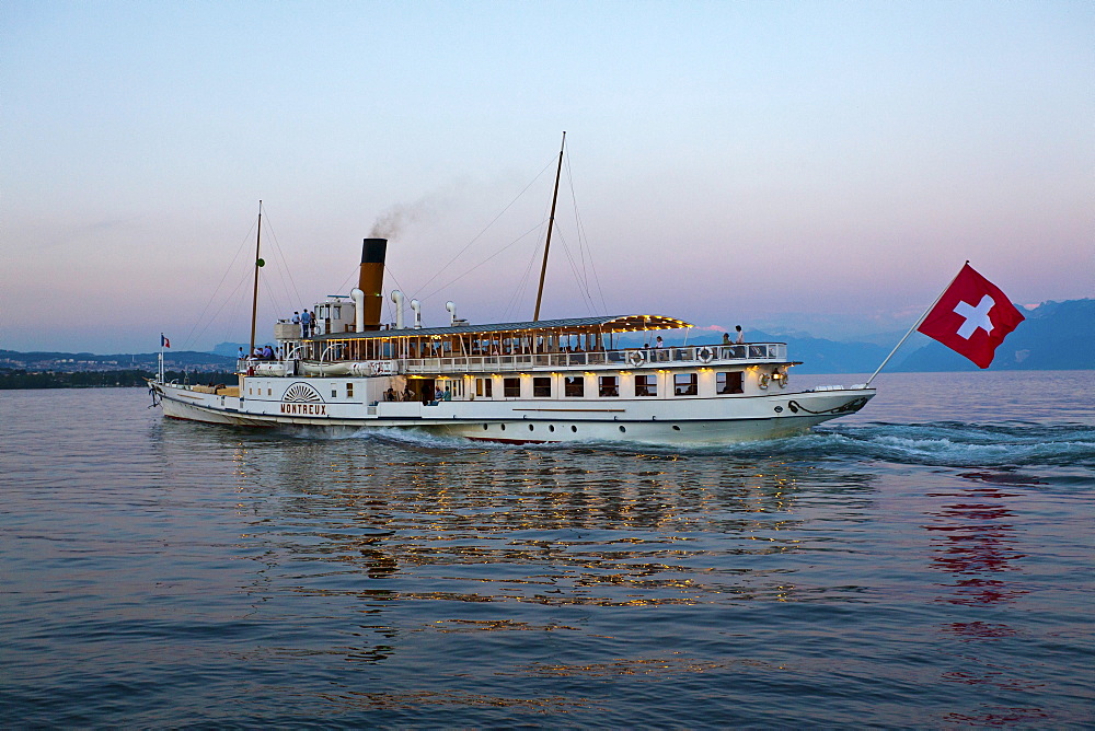 Old paddle-steamer as a ferry for tourists, Morges, Canton of Vaud, Lake Geneva, Switzerland, Europe