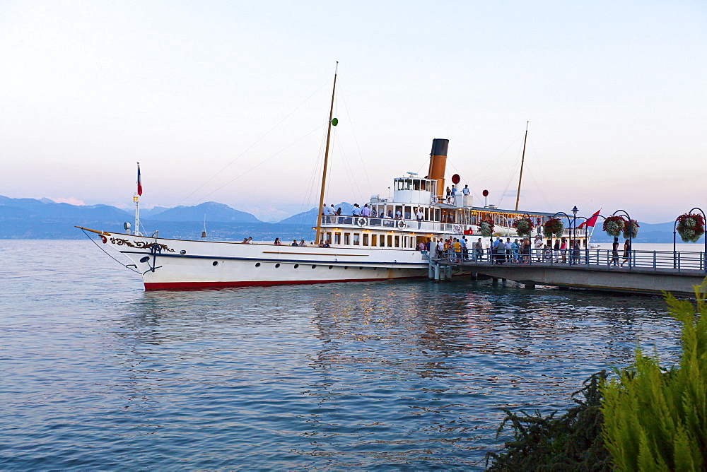 Old paddle-steamer as a ferry for tourists, docked at a wharf near Morges, Canton of Vaud, Lake Geneva, Switzerland, Europe