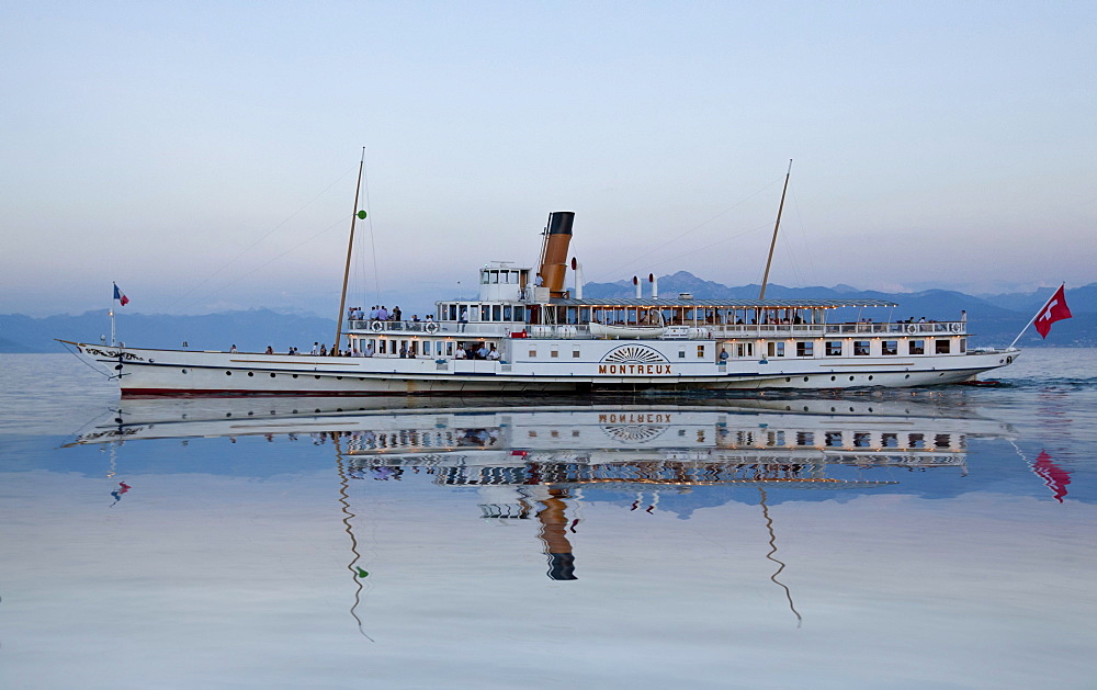 Old paddle-steamer as a ferry for tourists, Morges, Canton of Vaud, Lake Geneva, Switzerland, Europe