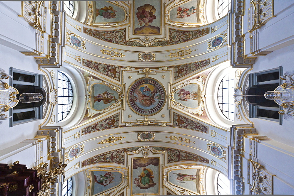 Northern section of the ceiling of the Basilica of St. Lorenz, a former Benedictine abbey church of the Prince Abbot of Kempten, today the Parish Church of St. Lorenz, Diocese of Augsburg, Kempten, Lower Allgaeu, Allgaeu, Swabia, Bavaria, Germany, Europe