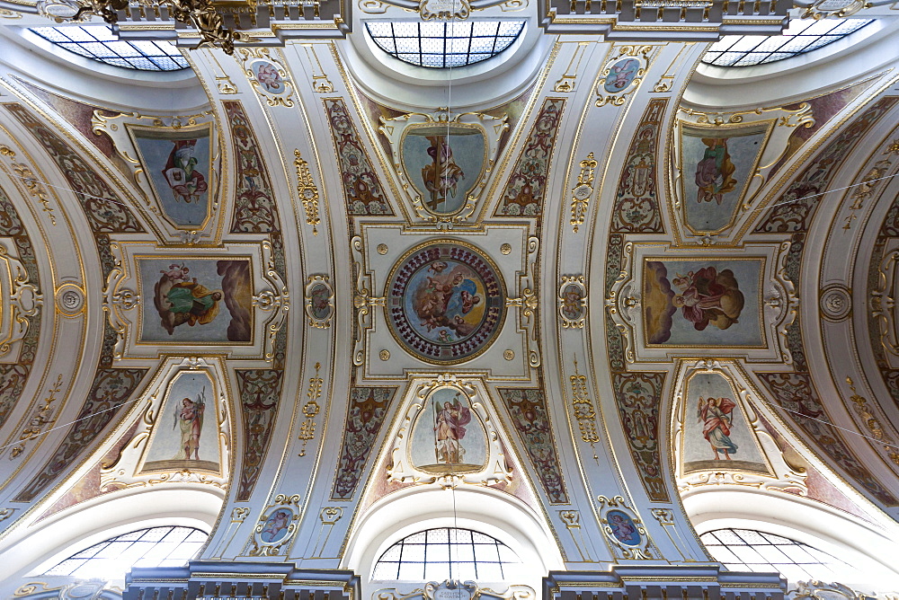 Northern section of the ceiling of the Basilica of St. Lorenz, a former Benedictine abbey church of the Prince Abbot of Kempten, today the Parish Church of St. Lorenz, Diocese of Augsburg, Kempten, Lower Allgaeu, Allgaeu, Swabia, Bavaria, Germany, Europe