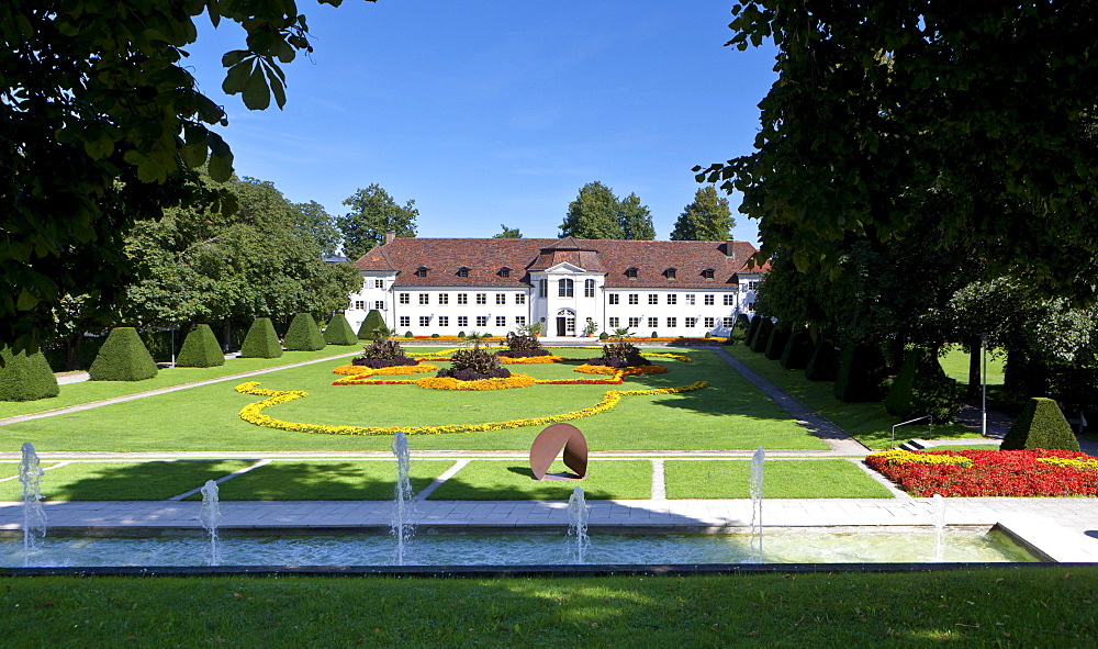 Looking through the park towards the Orangery in Kempten at the northern end of the Hofgarten, Kempten, Lower Allgaeu, Allgaeu, Swabia, Bavaria, Germany, Europe