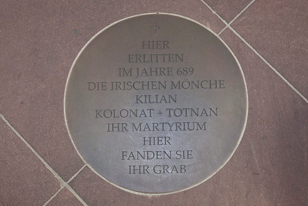 Memorial plaque, Kollegiatstift Neumuenster collegiate church, Wuerzburg diocese, Kardinal-Doepfner-Platz square, Wuerzburg, Bavaria, Germany, Europe