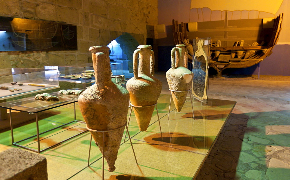 Shipwreck museum, Iron Age shipwreck, the Kyrenia Ship, dated 300 BC, interior view of Kyrenia Castle, Girne, northern Cyprus, Cyprus