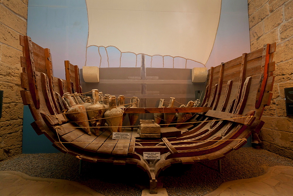 Shipwreck museum, Iron Age shipwreck, the Kyrenia Ship, dated 300 BC, interior view of Kyrenia Castle, Girne, northern Cyprus, Cyprus