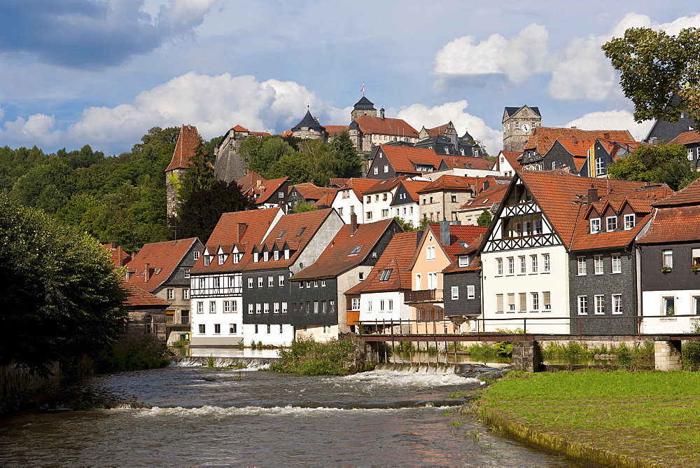 Festung Rosenberg fortress and old town with Hasslach river, Kronach, Upper Franconia, Bavaria, Germany, Europe