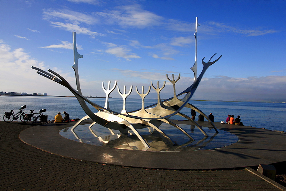 Solfar, Sun Voyager sculpture, Viking ship on the Snaebraut waterfront, Reykjavik, Iceland, Europe