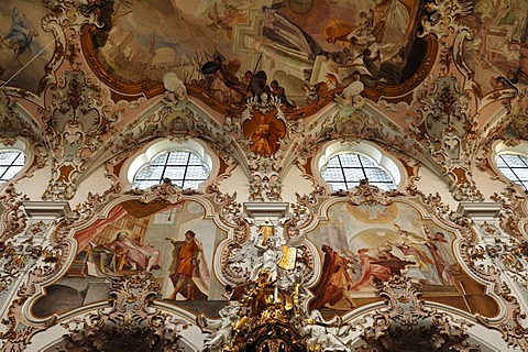 Nave with ceiling frescoes by Matthaeus Guenther, detail, Parish Church of the Nativity of the Virgin, Rococo style 1737-1746, Rottenbuch Abbey, Rottenbuch, Upper Bavaria, Germany, Europe