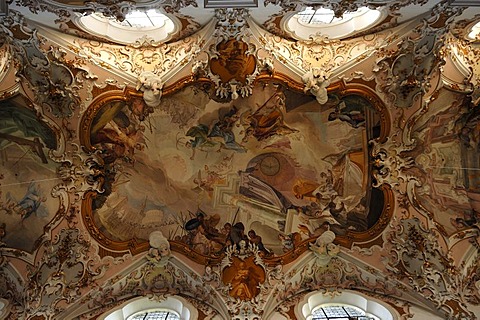 Ceiling frescoes by Matthaeus Guenther in the Parish Church of the Nativity of the Virgin, Rococo style 1737-1746, Rottenbuch Abbey, Rottenbuch, Upper Bavaria, Germany, Europe