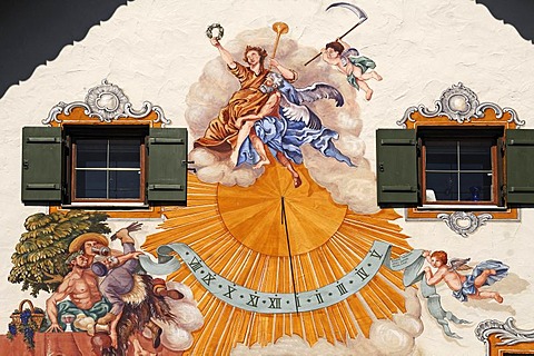 Lueftlmalerei, traditionally painted mural with a sundial on a farmhouse, Rottenbucherstrasse 1, Boebing, Upper Bavaria, Germany, Europe