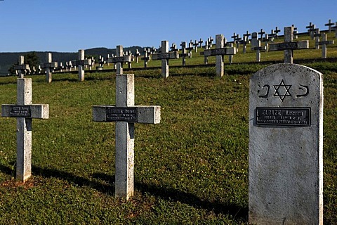 Crosses with names of soldiers of Jewish origin in the military cemetery on Blutberg hill, in the back the the Vosges mountains, Sigolsheim, Alsace, France, Europe