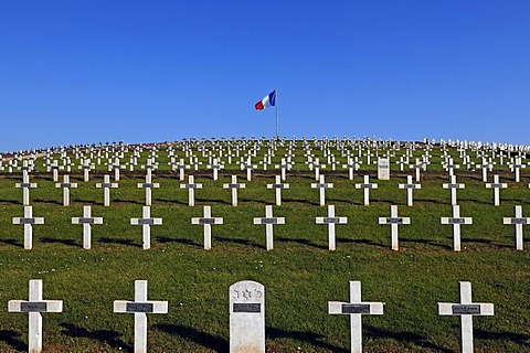 Crosses with names in the military cemetery on Blutberg hill with the French flag, Sigolsheim, Alsace, France, Europe