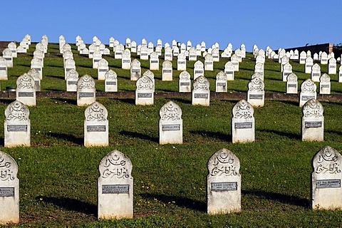 Crosses with names of soldiers from Arab countries in the military cemetery on Blutberg hill, Sigolsheim, Alsace, France, Europe