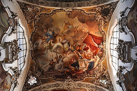 Rococo ceiling with frescoes by Johann Georg Bergmueller, 1741-42, Welfenmuenster, formerly Steingaden Abbey Church, transformation of the nave in the Rococo style in 1740, Welfenstrasse 2, Steingaden, Upper Bavaria, Bavaria, Germany, Europe