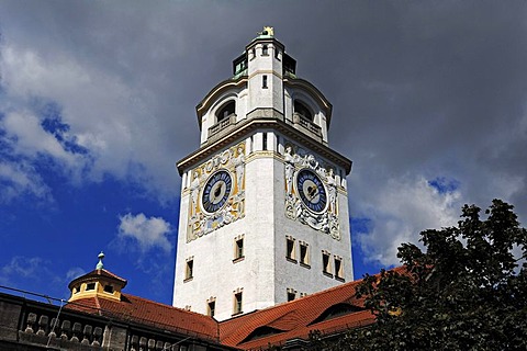 Clock tower of the Muellerschen Volksbad public swimming pool, Art Nouveau, 1897-1901, Rosenheim Strasse 1, Munich, Bavaria, Germany, Europe