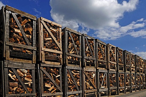 Stacked boxes of firewood for sale at a timber yard, Ziegelhuette 7, Lauf an der Pegnitz, Middle Franconia, Bavaria, Germany, Europe