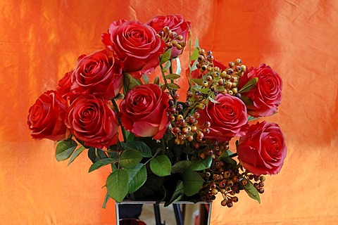 Artificial red silk roses in a vase in front of orange cloth, Villa & Ambiente, Nuremberg, Middle Franconia, Bavaria, Germany, Europe