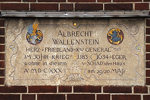 Plaque to General Albrecht Wallenstein, 1583-1634, Weinhof, Ulm, Baden-Wuerttemberg, Germany, Europe