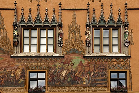 Detail, mural and four elector figures, town hall, 15th century, Marktplatz 1, Ulm, Baden-Wuerttemberg, Germany, Europe