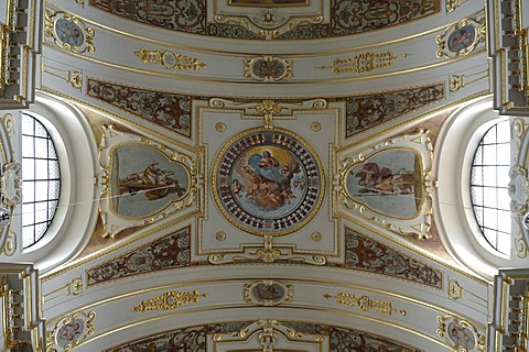 Detail, vaulted ceiling of the baroque Basilica of St. Lorenz, 1652 - 1748, stucco by Giovanni Zuccalli, frescoes by Andrew Asper, Kempten, Bavaria, Germany, Europe