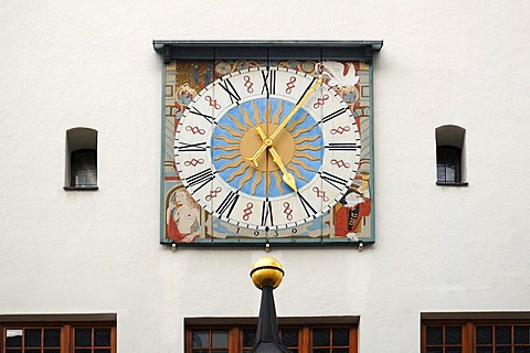 Clock on the west side of the town hall, Kronenstrasse, Isny, Allgaeu, Bavaria, Germany, Europe