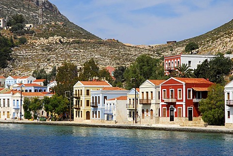 Houses in the bay, town Megisti on Kastelorizo island, Meis, Dodecanese Islands, Aegean, Mediterranean, Greece, Europe