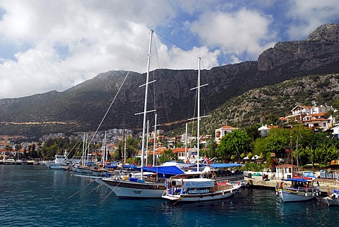 Sailing ships, boats in the port of Kas, Lycian coast, Antalya Province, Mediterranean, Turkey, Eurasia