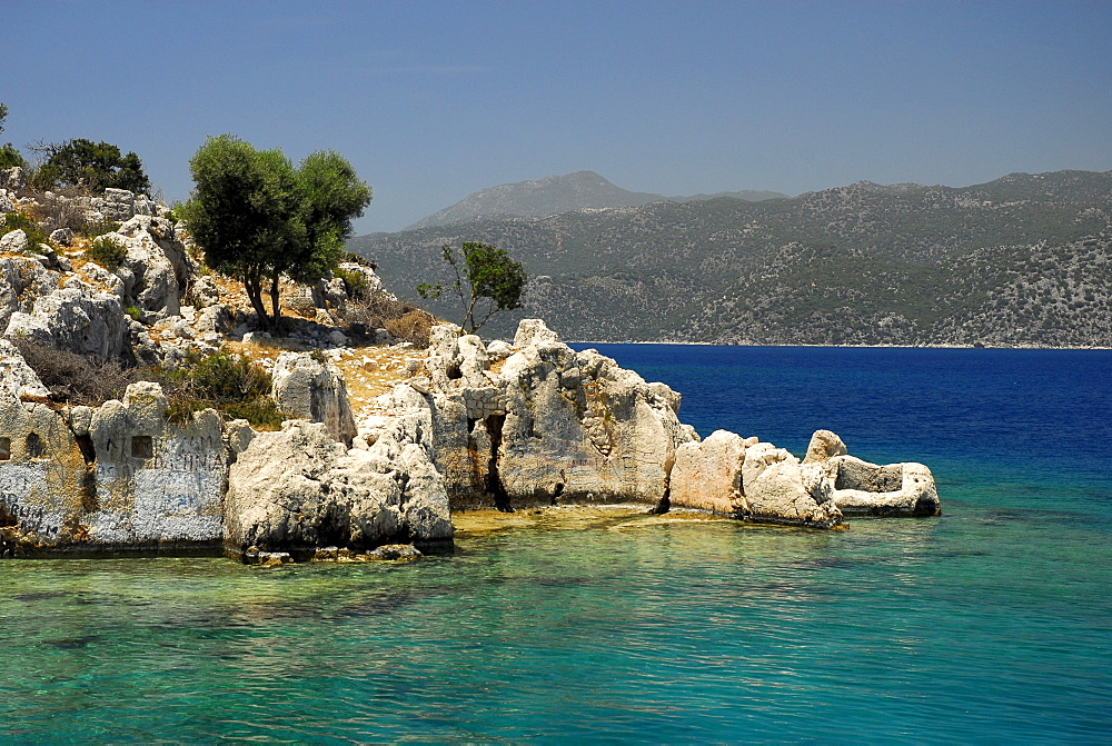 Sunken City, rocky coast of Kekova island, Lycian coast, Antalya Province, Mediterranean, Turkey, Eurasia