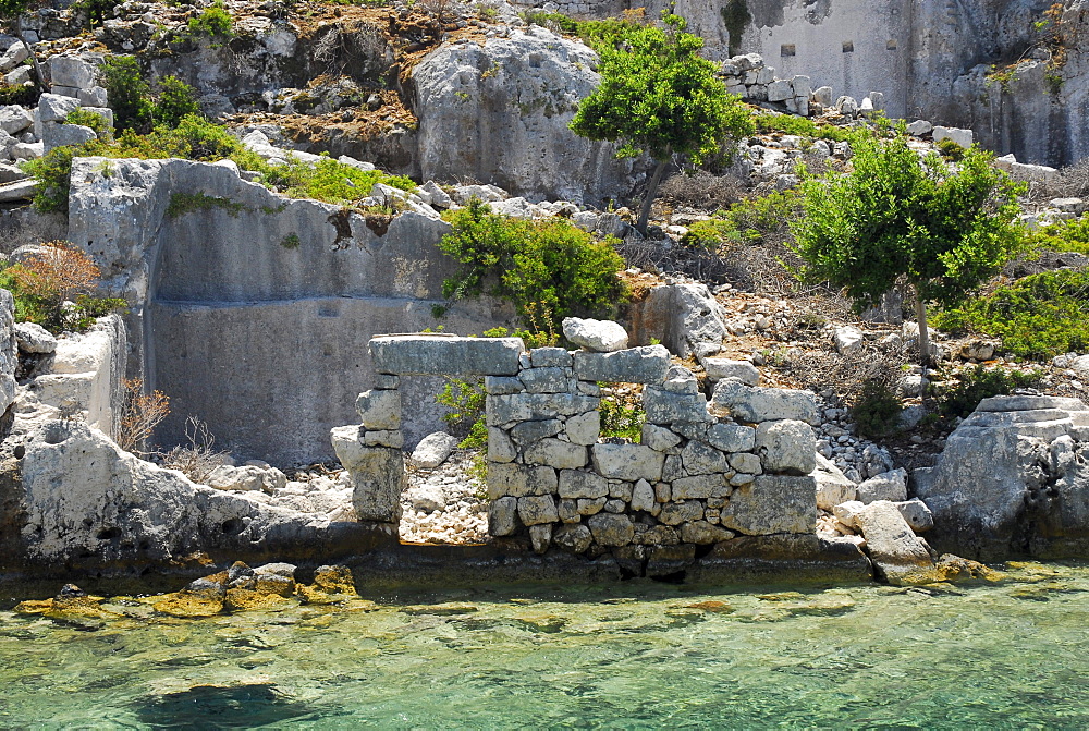 Sunken City, rocky coast of Kekova island, Lycian coast, Antalya Province, Mediterranean, Turkey, Eurasia