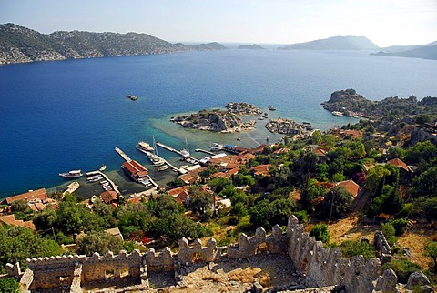 Medieval castle at the village of Kale, Kalekoey or Simena, overlooking Kekova bay, Lycian coast, Antalya Province, Mediterranean, Turkey, Eurasia