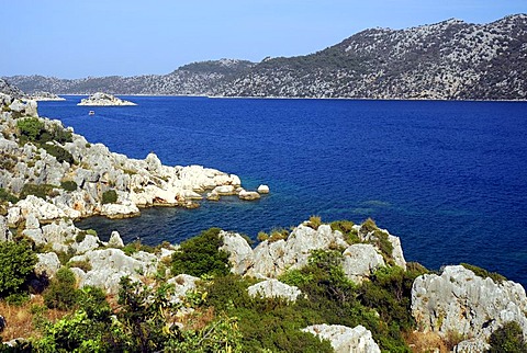 Rocky coast in Kekova Bay, Lycian coast, Antalya Province, Mediterranean, Turkey, Eurasia