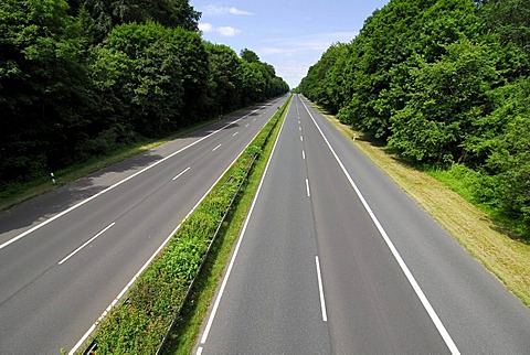 Autobahn, empty highway through the Frankfurter Stadtwald woods, Frankfurt am Main, Hesse, Germany, Europe