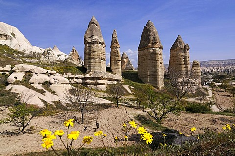 Mountain bikers in Love Valley, Guevercinlik Valley, Goereme, Cappadocia, Turkey