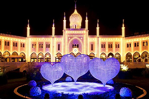 Blue Christmas hearts in front of restaurant Nimb, Tivoli, Copenhagen, Denmark, Europe