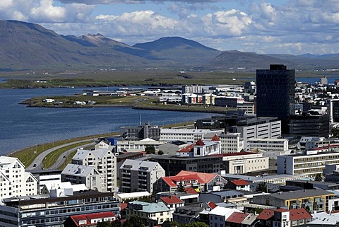 View of Reykjavik from the tower of Hallgrimskirkja church, Iceland, Europe