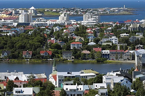 View of Reykjavik from the tower of Hallgrimskirkja church, Iceland, Europe