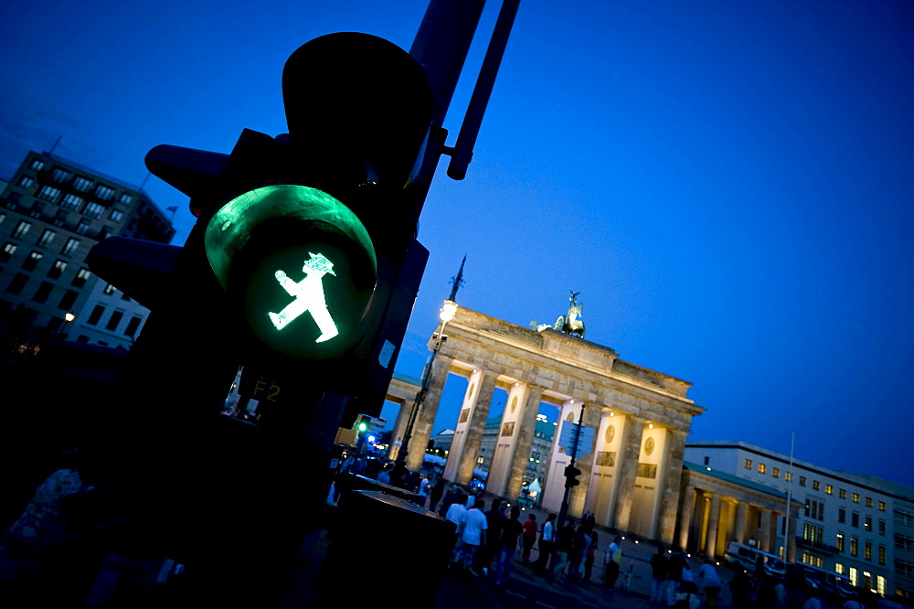 Brandenburg Gate with pedestrian traffic light, Berlin, Germany, Europe