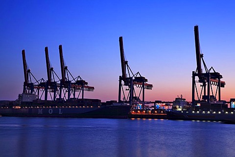 Altenwerder container port, container cranes, blue hour, Hanseatic City of Hamburg, Germany, Europe