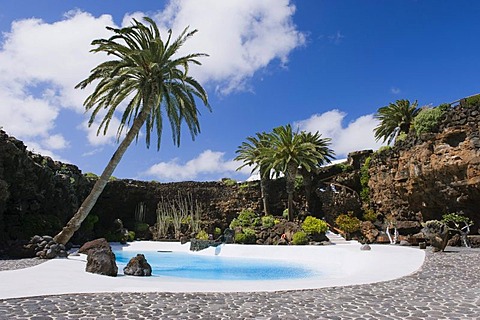 Swimming pool in the lava cave, Jameos del Agua, built by the artist Cesar Manrique, Lanzarote, Canary Islands, Spain, Europe